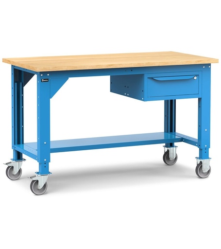 Workbench with castors and 1 drawer, 150 cm, blue