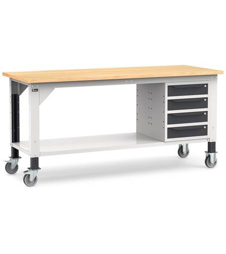 Workbench with castors and 4 drawers, 200 cm, grey and anthracite
