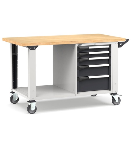 Work Master workbench with castors and 5 drawers 2x75 1x100 1x150 1x200 – H 921/1271 mm