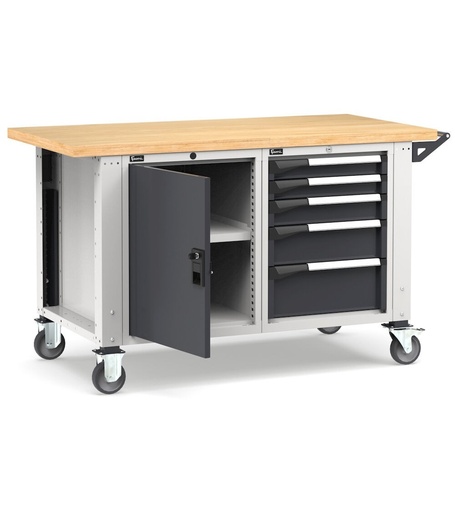 Work Master workbench with castors, door and 5 drawers 2x75 1x100 1x150 1x200 1xPR – H 921/1271 mm