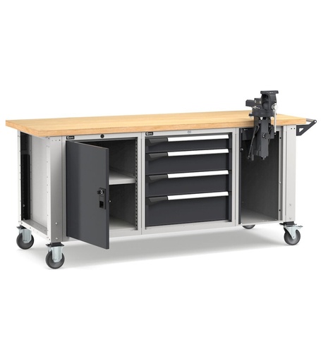 Professional workbench with castors, 4 drawers, door, adjustable shelf and vice, 200 cm