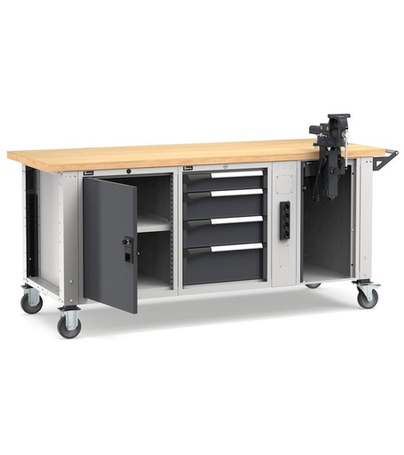 Professional workbench with castors, 4 drawers, door, adjustable shelf, vice and service connections, 200 cm