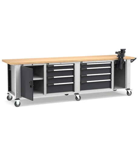 Professional workbench with castors, 8 drawers, door, adjustable shelf and vice, 300 cm