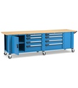 Banco professionale con ruote, 8 cassetti, porta, ripiano regolabile e morsa, 300 cm, blu e antracite