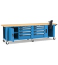 Banco professionale con ruote, 8 cassetti,  porta, ripiano regolabile, morsa e allacciamenti, 300 cm, blu e antracite
