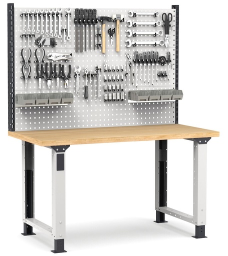 Height-adjustable Work Master workbench with tool wall