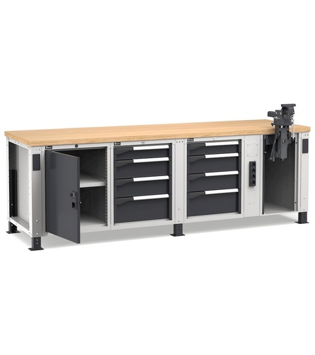 Professional workbench with 8 drawers, door, adjustable shelf, vice and service connections, 250 cm