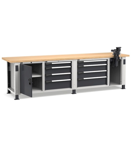 Professional workbench with 8 drawers, door, adjustable shelf and vice, 300 cm