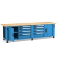 Banco professionale con 8 cassetti, porta, ripiano regolabile, morsa e allacciamenti, 300 cm, blu e antracite