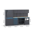 Arredo officina con armadi a due ante, cassettiera, carrello e modulo di servizio, L3040 x P495 x H1900 mm