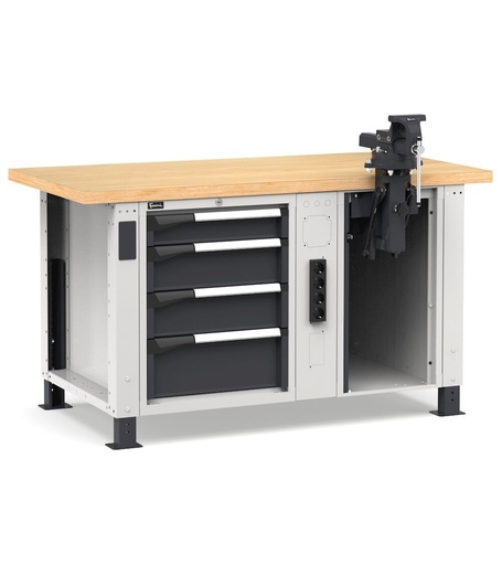 Professional workbench with 4 drawers, vice and service connections, 150 cm