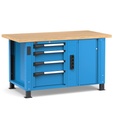 Banco professionale con 4 cassetti, morsa e allacciamenti, 150 cm, blu e antracite