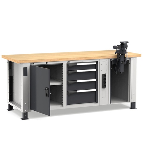 Professional workbench with 4 drawers, door, adjustable shelf, vice and service connections, 200 cm