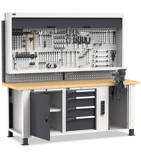 Professional workbench with 4 drawers, door, vice and accessories, 200 cm, grey and anthracite