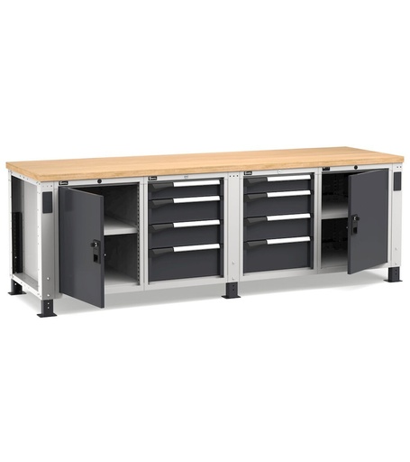 Work Master workbench with doors and 8 drawers 2x100 4x150 2x200 2xPR – H 765/1115 mm