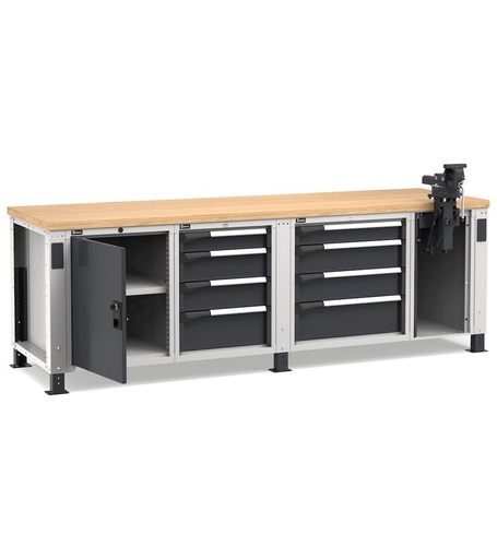 Professional workbench with 8 drawers, door, adjustable shelf and vice, 250 cm