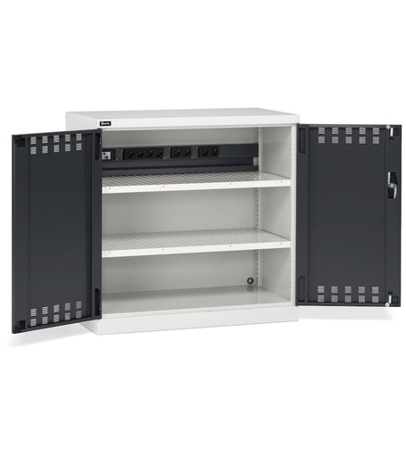 Armario con puertas batientes ranuradas, kit eléctrico, 2 paneles perforados – 1023 × 555 × 1000 mm