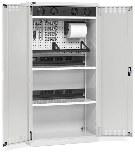 Armario de carga de baterías con rejilla de ventilación, paneles perforados, accesorios, An1023 x P555 x Al2000