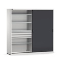 Armadio metallico 2 ante scorrevoli con cassetti e piani, L2040 x P600 x H2000 mm, RAL 7035 + 7016