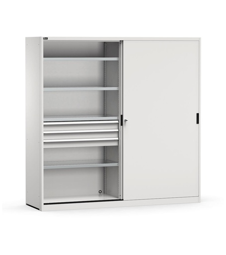 Armario metálico de 2 puertas correderas con cajones y estantes, An2040 x P600 x Al2000 mm, RAL 7035