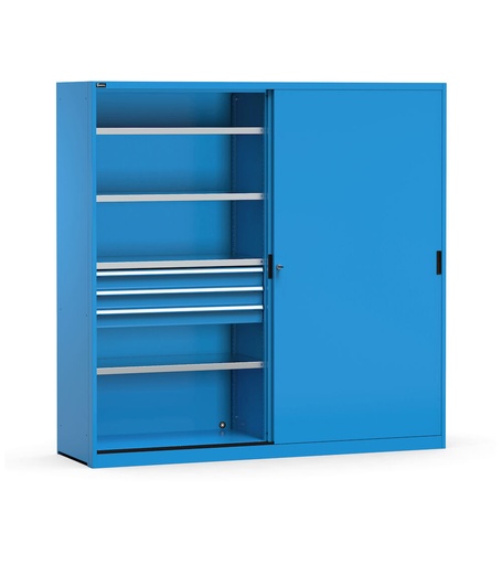 Armario metálico de 2 puertas correderas con cajones y estantes, An2040 x P600 x Al2000 mm, RAL 5012