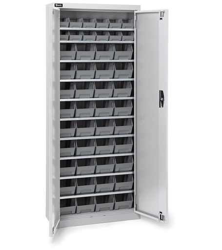 Armario para cubetas con puertas batientes, 10 estantes y 48 cubetas Picking Box Air talla 1/2, Al 1651 mm, gris claro