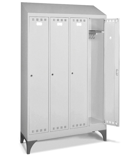 Garderobenschrank aus Metall mit 4 Fächern sowie Füßen und Schrägdach